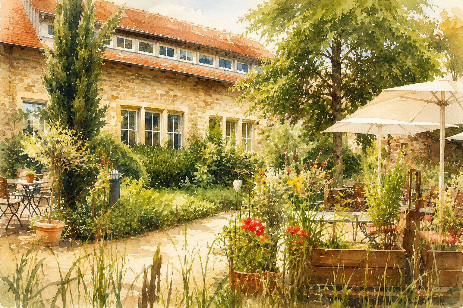 Watercolor view of the terrace and garden at Sanssouci Palatina
